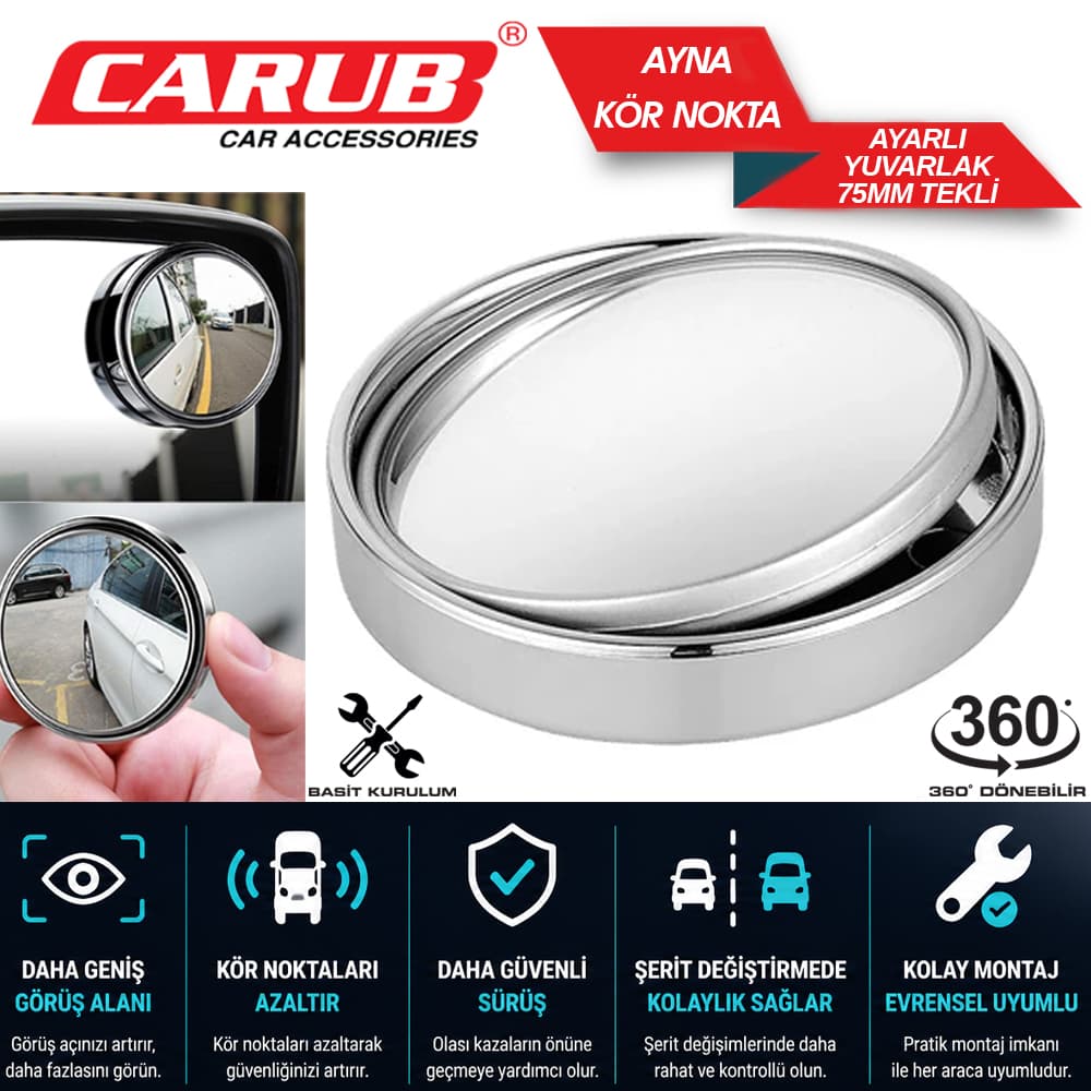 Ayna Kör Nokta Yuvarlak 75mm Ayarlı Krom Ad.