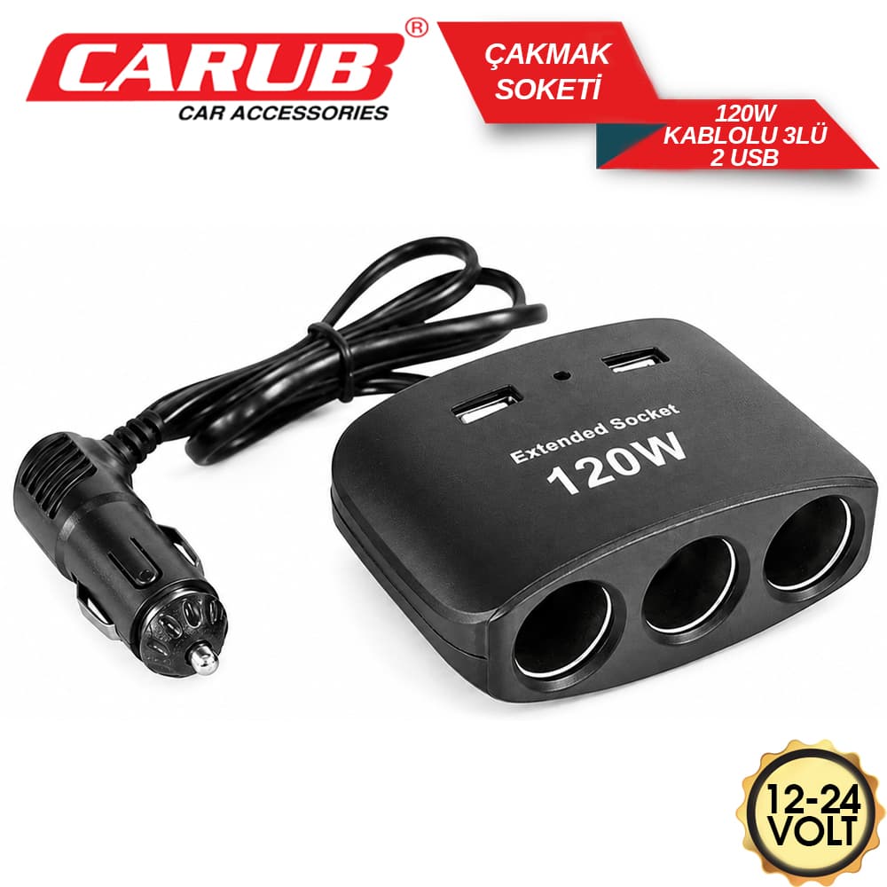 Çakmak Soket 12-24V-  120W Kablolu 3lü 2USB
