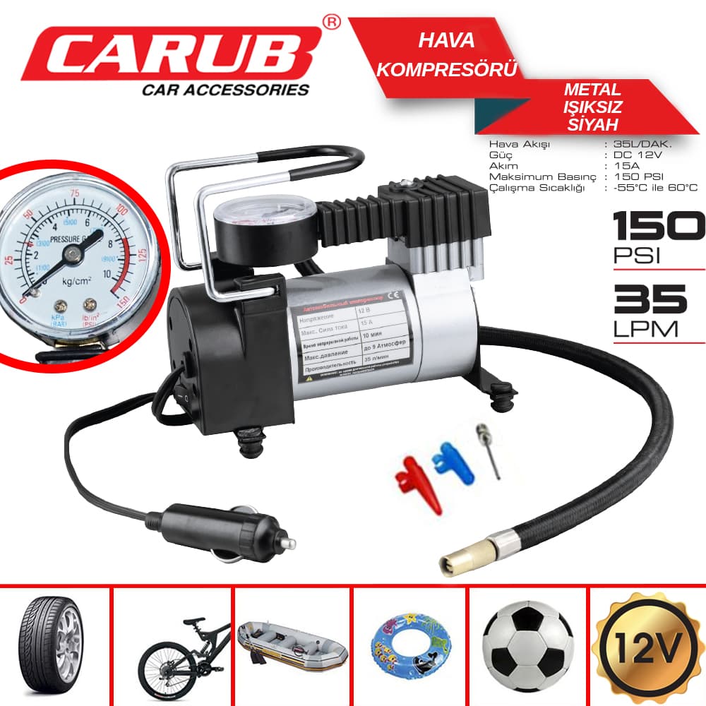 Hava Kompresörü 12V Metal Işıksız  Siyah