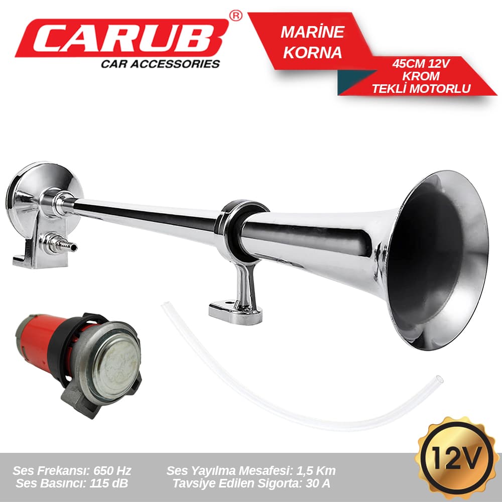 Korna 12V Marine Krom 450 mm Tekli Motorlu