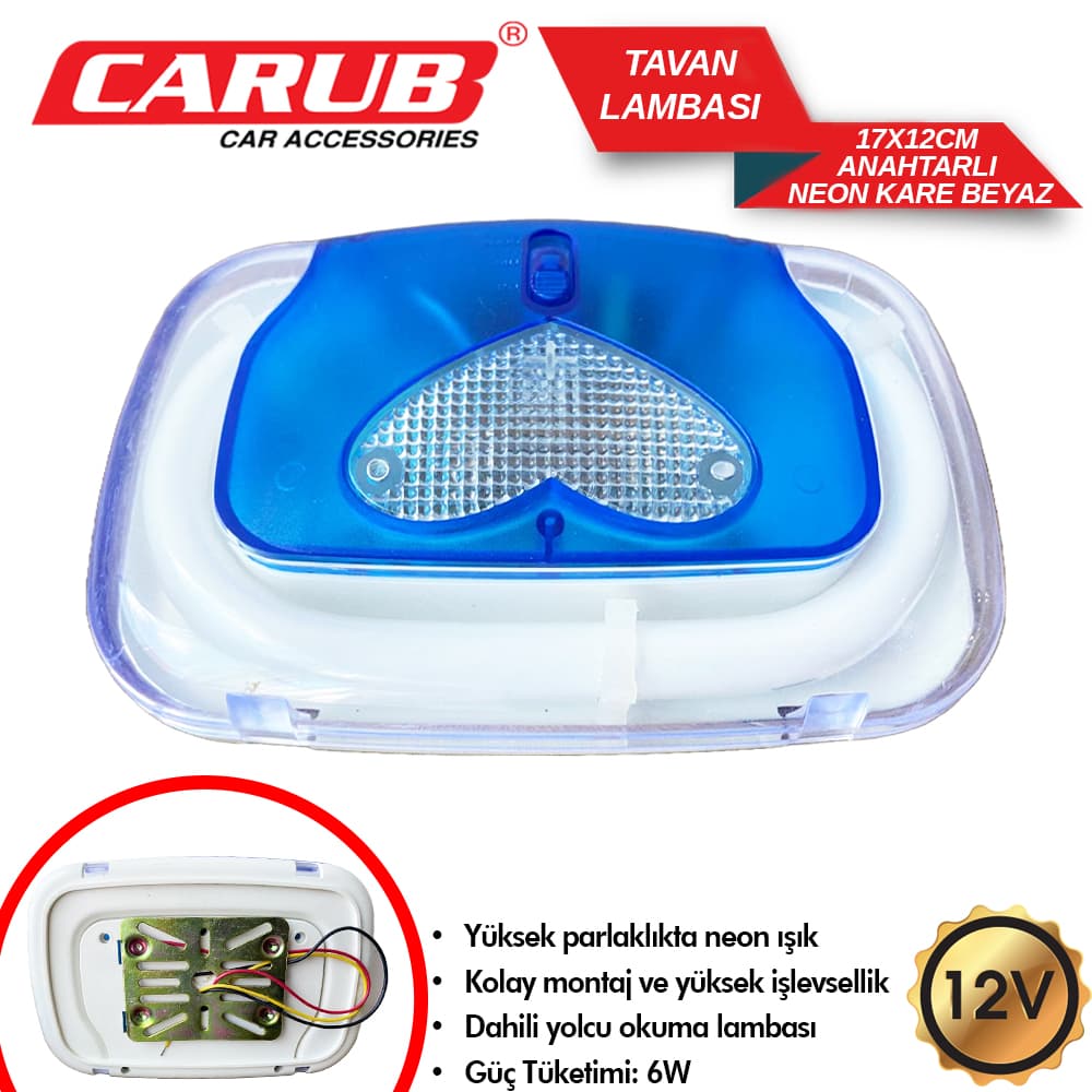 Tavan Lambası 12V Neon Anahtarlı Kare Beyaz