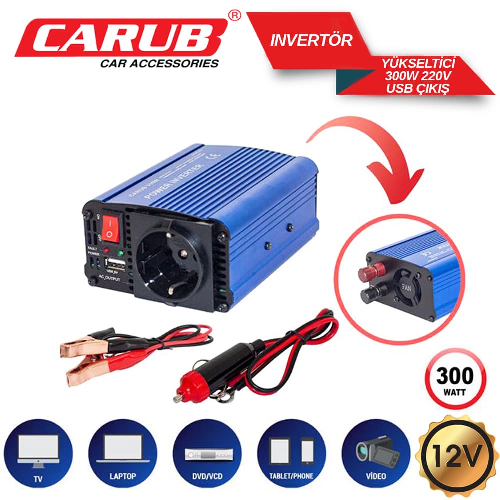 Invertör 12V 300W 220V Yükseltic + USB Çıkış