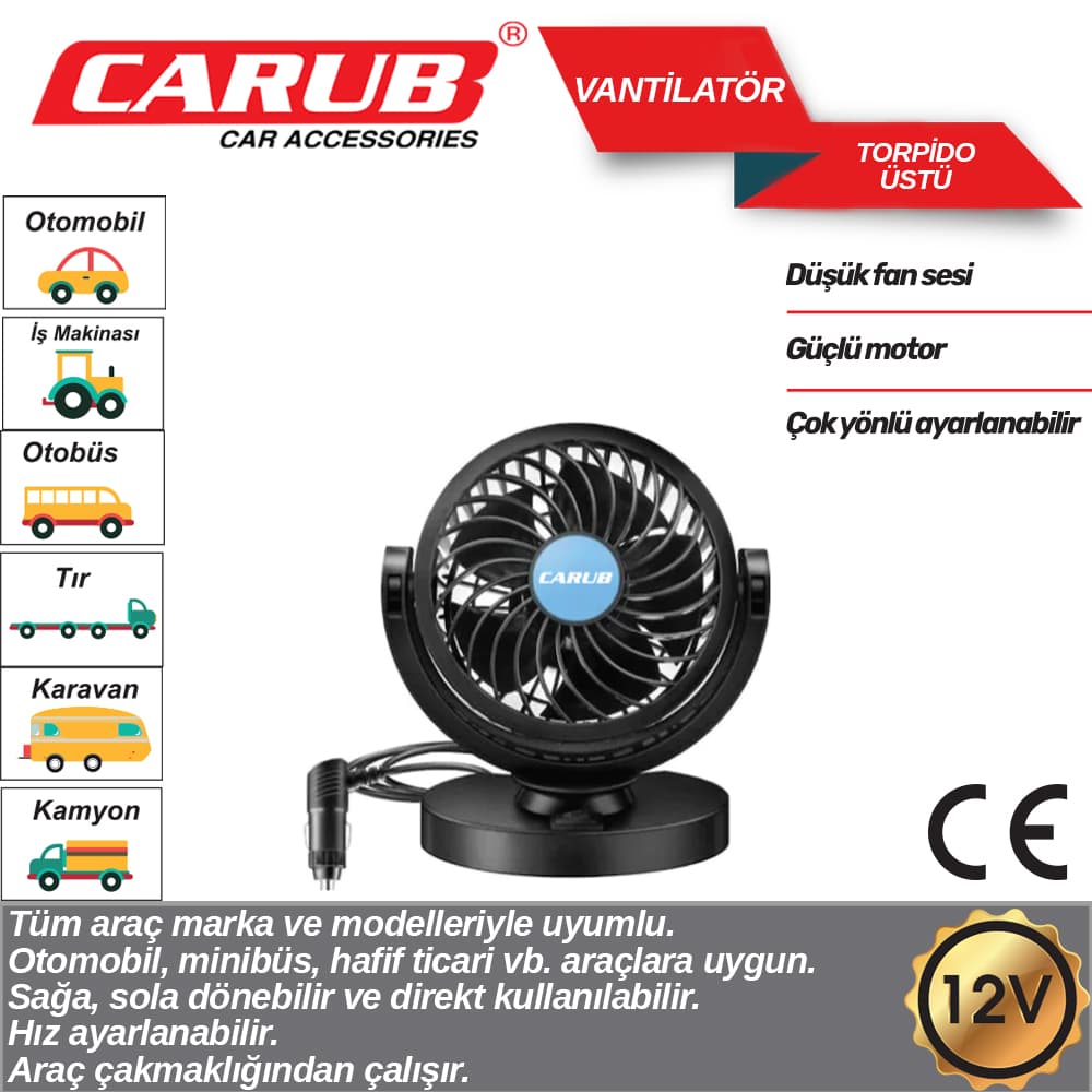 Vantilatör 12V Torpido ÜstüTekli Fan Ayarlı